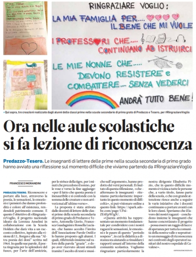 Articolo del giornale "Trentino" su #RingraziareVoglio